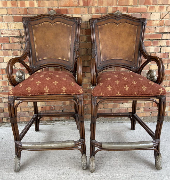 PAIR OF TALL LEATHER BAR CHAIRS WITH ARMS-NOT OLD