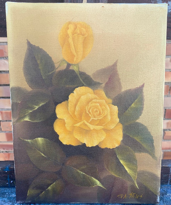 UNFRAMED OIL PAINTING OF YELLOW ROSES