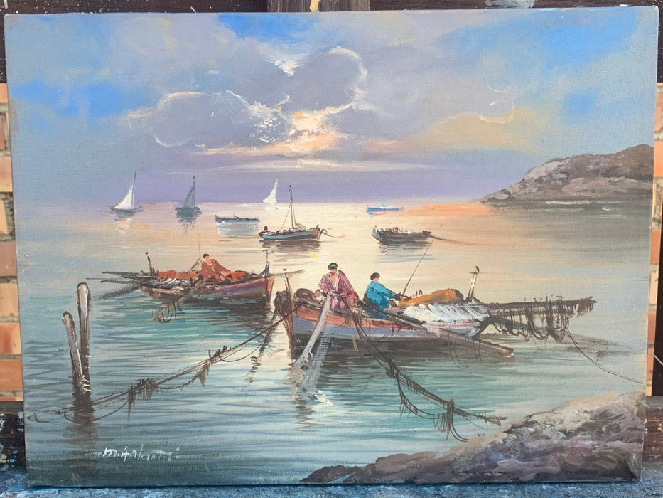 UNFRAMED OIL PAINTING OF CHINESE BOATS ON LAKE