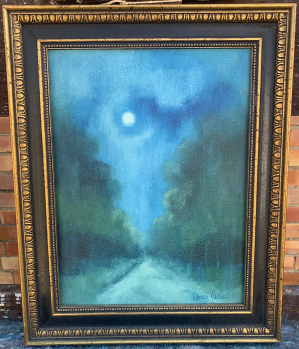 SMALL FRAMED OIL PAINTING OF MOON LIT ROAD