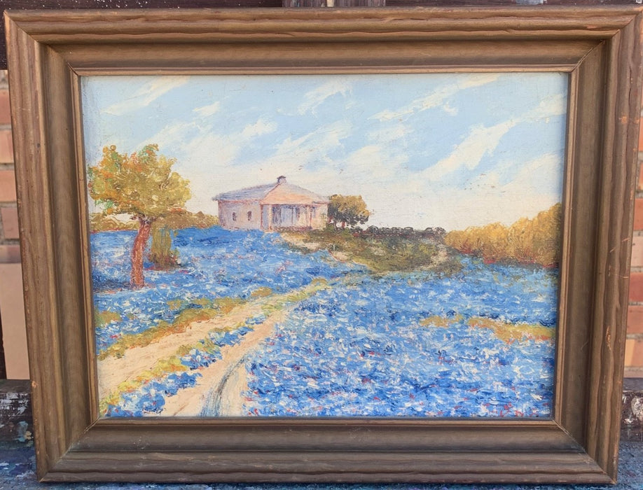 SMALL BLUEBONNETS AND WHITE HOUSE PAINTING