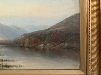 MOUNTAIN LANDSCAPE WITH CANOE OIL PAINTING BY JOSEPH HEKKING