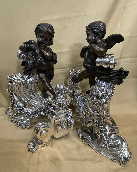 CHROME AND BRONZE CHERUBS WITH LIONS ANDIRONS