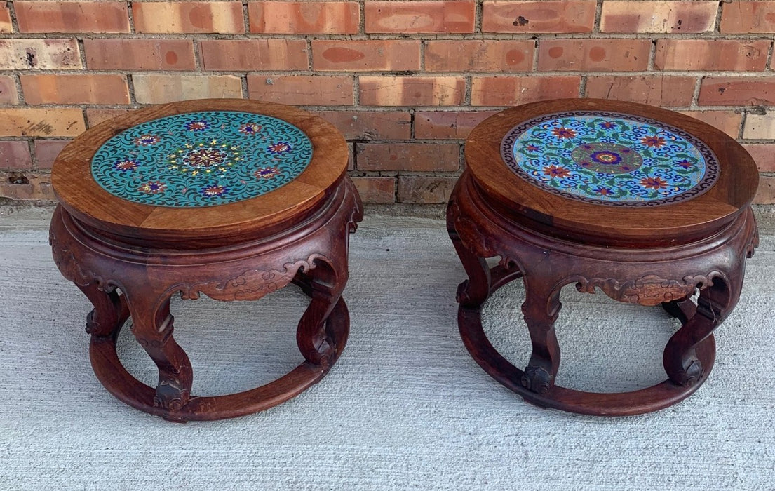 PAIR OF LOW ASIAN STANDS WITH CLOISONNE TOPS