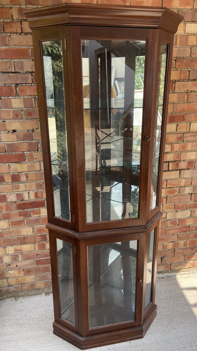 LARGE VINTAGE CANTED SIDES CORNER CURIO CABINET