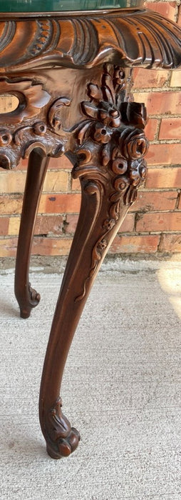 1930'S LARGE ORNATELY CARVED CROSS BANDED TABLE