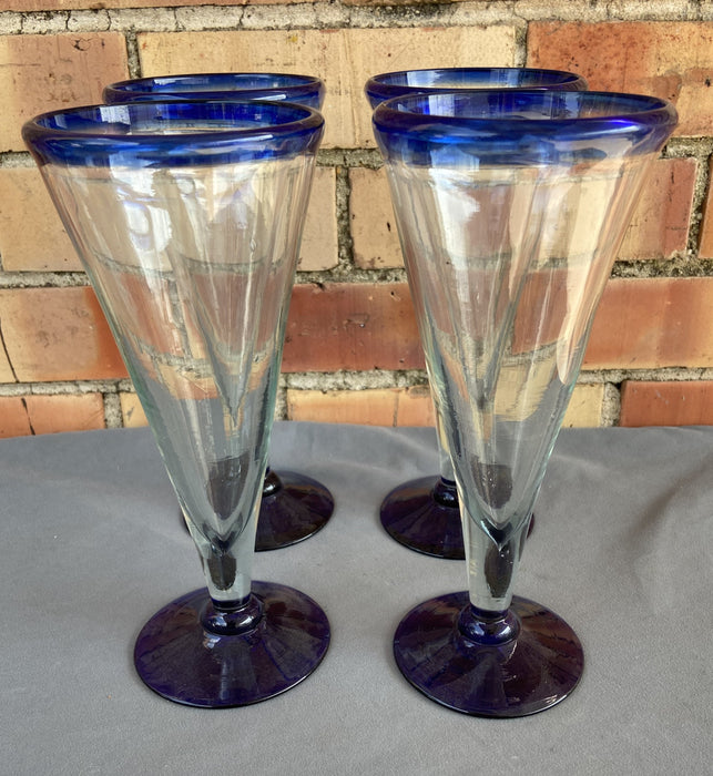 SET OF 4 BLUE RIM MARGARITA GLASSES