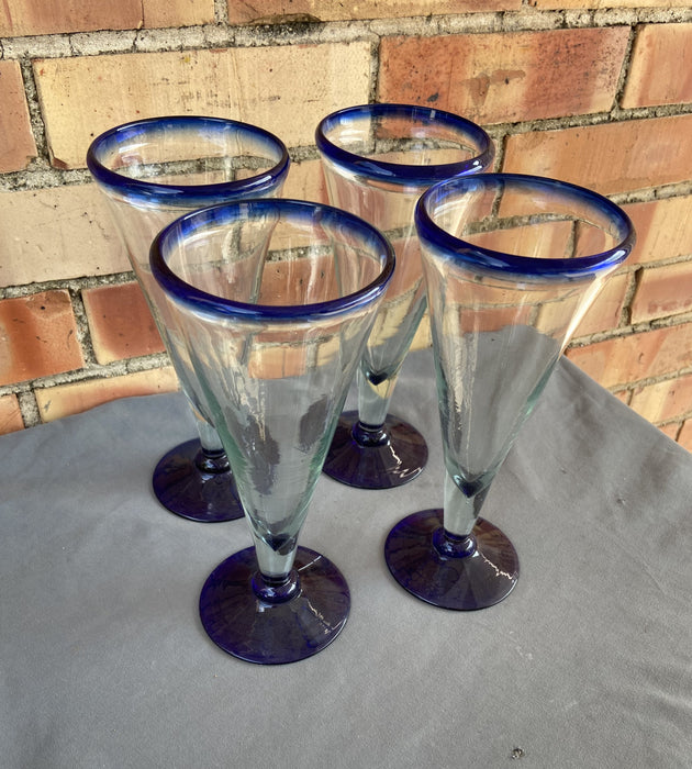 SET OF 4 BLUE RIM MARGARITA GLASSES