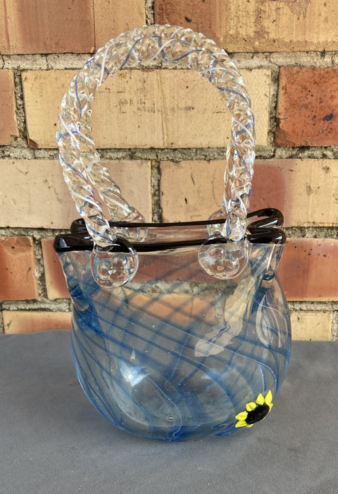 BLOWN GLASS PURSE VASE WITH SUNFLOWER