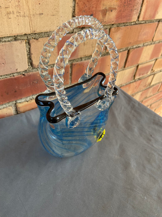 BLOWN GLASS PURSE VASE WITH SUNFLOWER