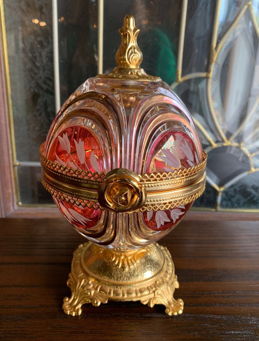 RUBY AND CLEAR PRESSED GLASS BOX WITH ETCHING AND BRASS