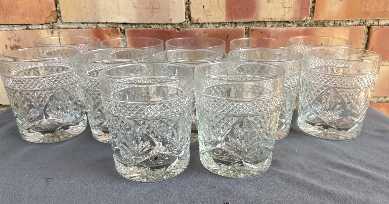 SET OF 12 ETCHED CLEAR LOW GLASSES