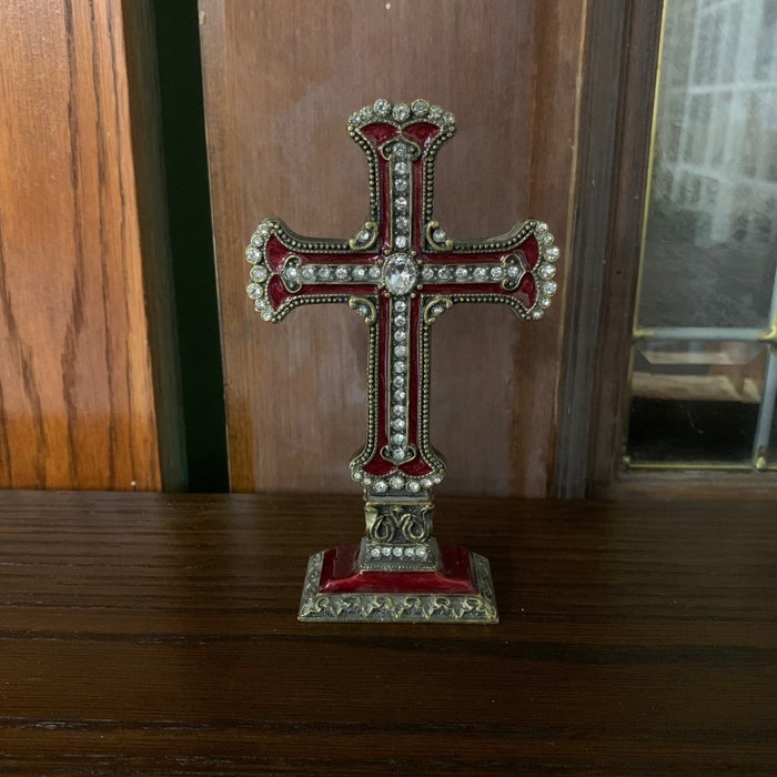 SMALL BRASS CROSS WITH RED AND RHINESTONES