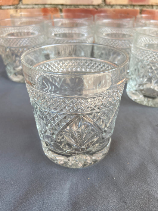 SET OF 12 ETCHED CLEAR LOW GLASSES