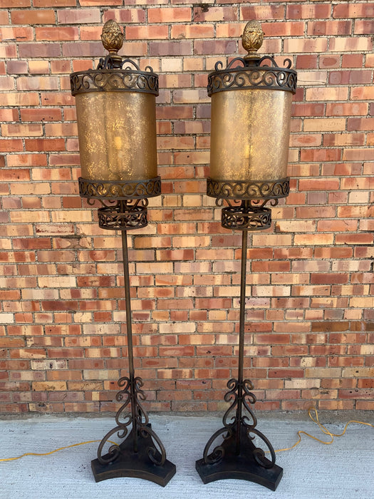 PAIR OF WROUGHT IRON FLOOR LAMPS WITH SHADES