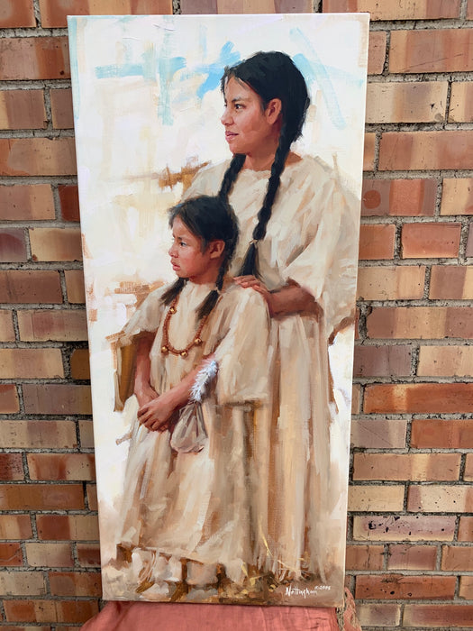 CAPTIVATED" ORIGINAL INDIAN GIRLS OIL PAINTING ON LINEN BY WYOMING ARTIST RANDY NOTTINGHAM