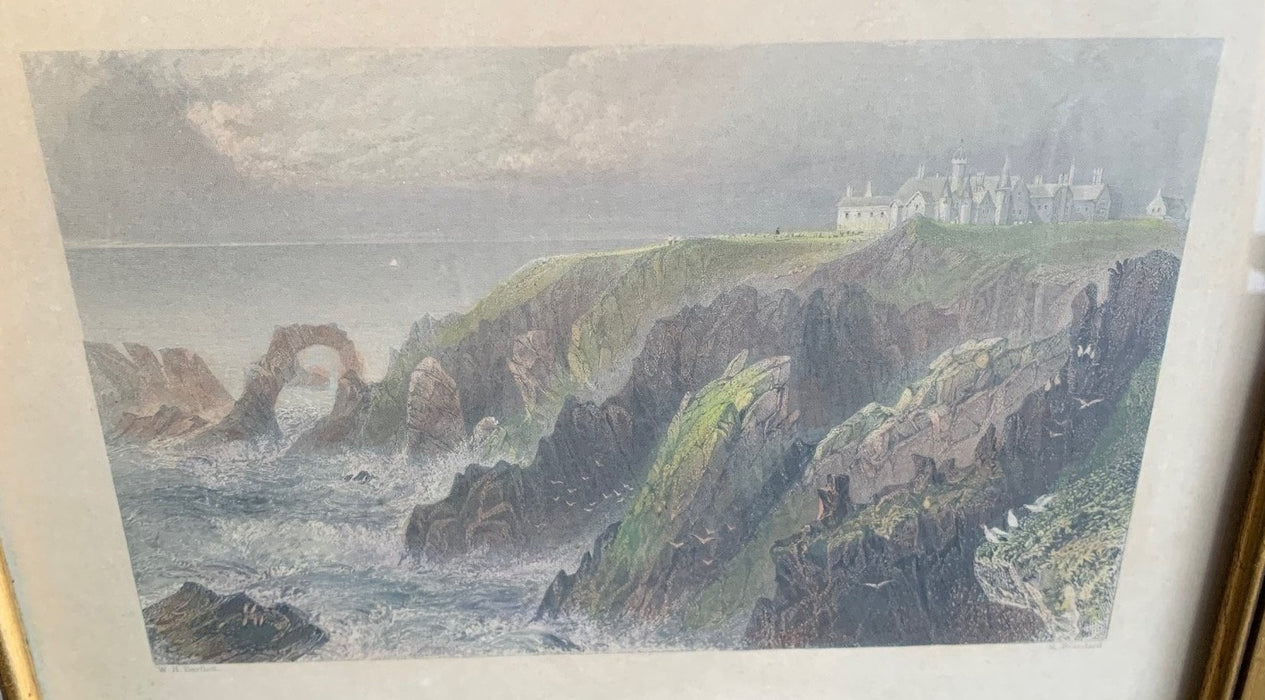 EARLY HAND TINTED ENGRAVING OF SLAINES CASTLE FRAMED