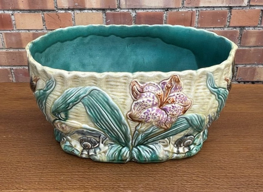 LARGE OVAL IRIS MAJOLICA PLANTER