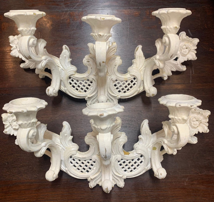 PAIR OF PAINTED SERRACO WHITE PAINTED WOOD 3 CANDLE SCONCES