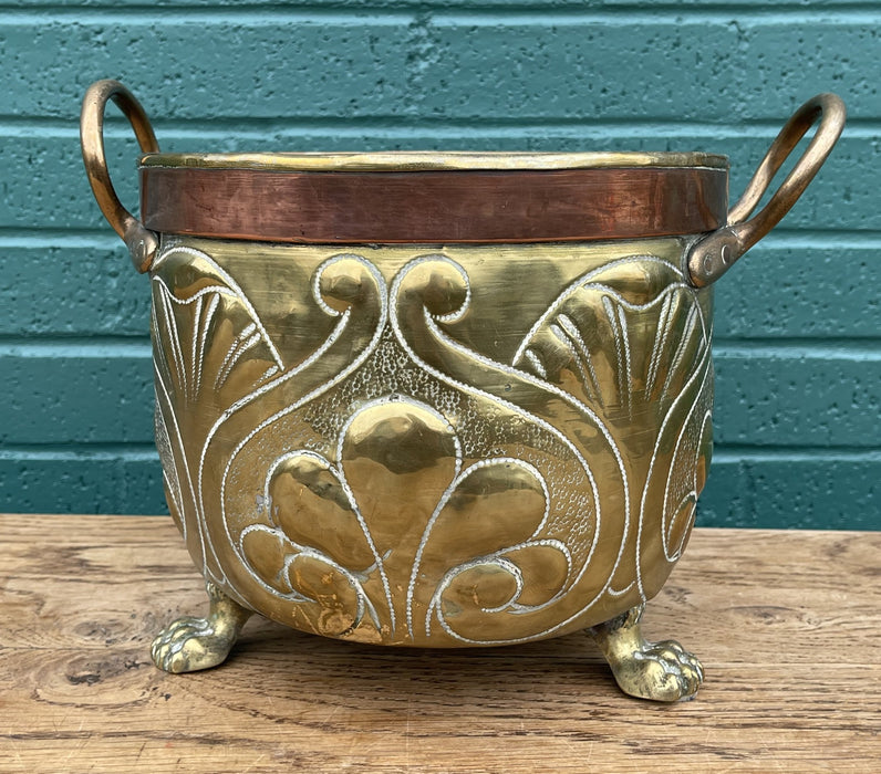 SMALL BRASS AND COPPER PAW FOOT PLANTER