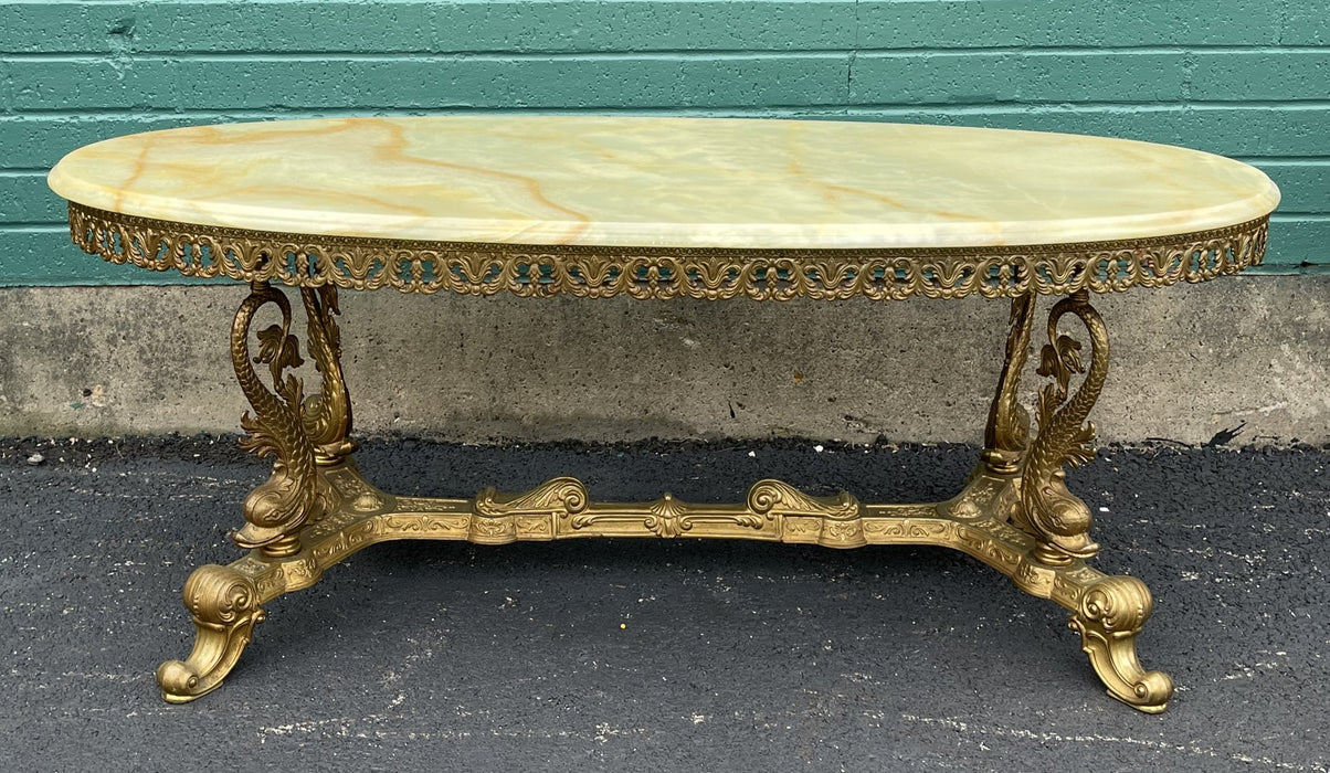 BRASS AND OYNX OVAL COFFEE TABLE