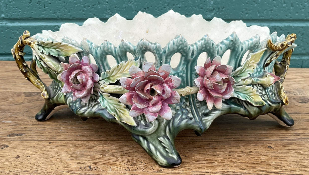 OVAL TURQUOSE AND PINK FLORAL MAJOLICA PLANTER