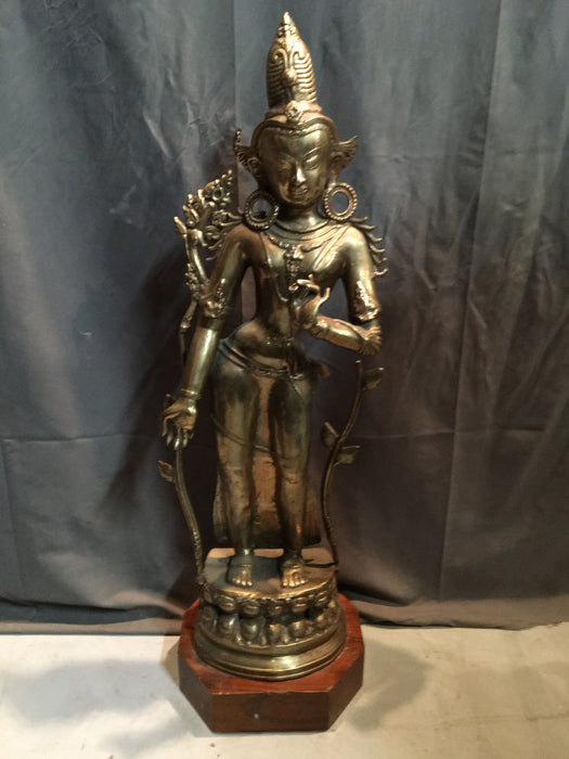 TALL SOLID BRASS ASIAN DIETY WITH WOOD BASE