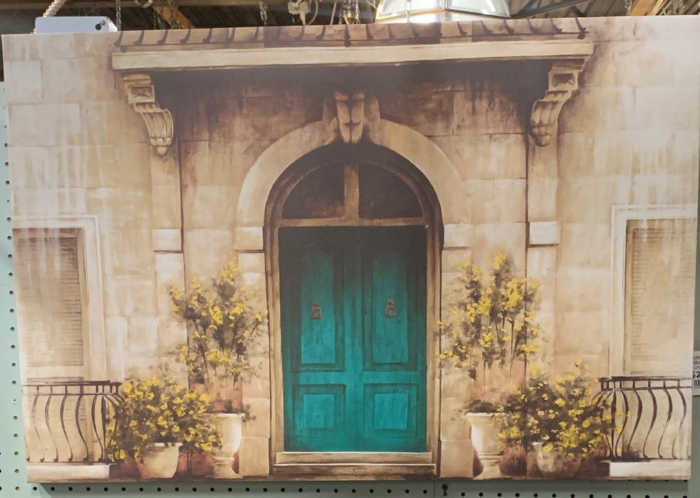 TURQUOISE GREEN DOOR AND YELLOW FLORES ON CANVAS