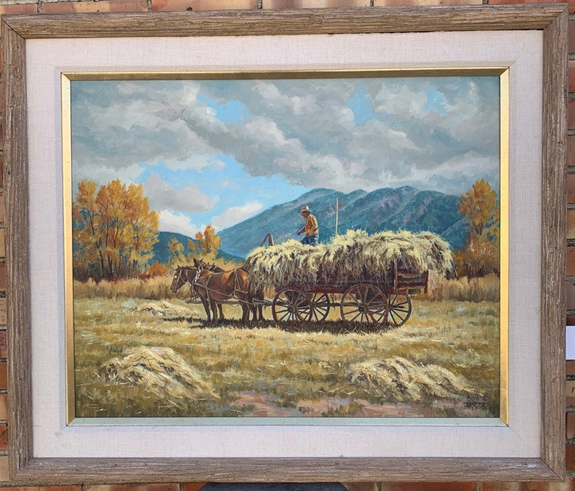 WAGON AND HAYSTACK OIL PAINTING BY BOB TAYLOR