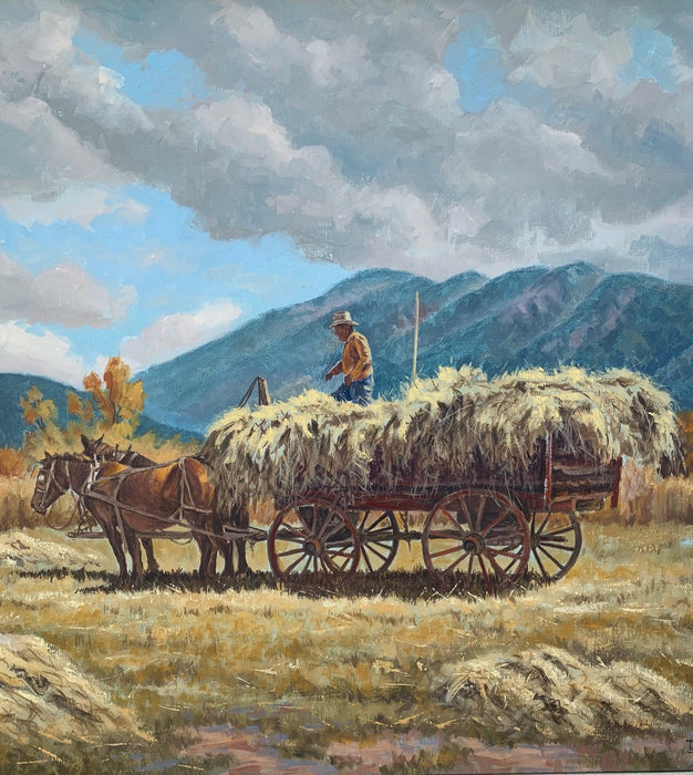 WAGON AND HAYSTACK OIL PAINTING BY BOB TAYLOR