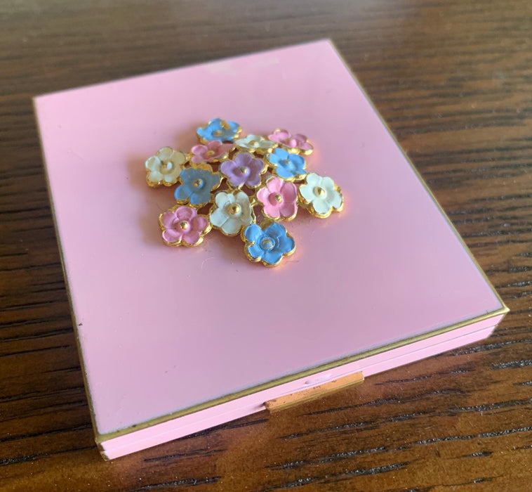VINTAGE PINK WITH FLOWERS ENAMEL COMPACT MIRROR