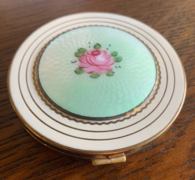 VINTAGE WHITE AND GREEN WITH PINK ROSE GUILLOCHE COMPACT MIRROR