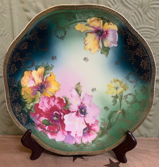 ANTIQUE PAINTED TEAL AND COLORFUL FLOWERS PLATE