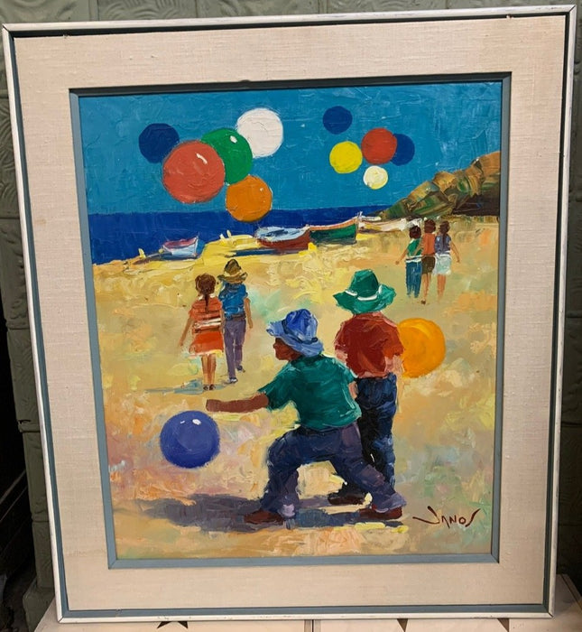 OIL PAINTING OF KIDS ON BEACH WITH BEACH BALLS