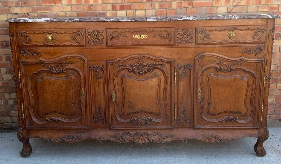 MARBLE TOP TALL PEGGED OAK SIDEBOARD WITH PAW FEET
