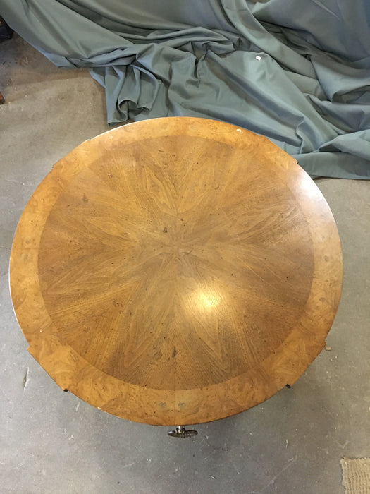 ROUND BRASS BASE DRUM BURL WOOD END TABLE