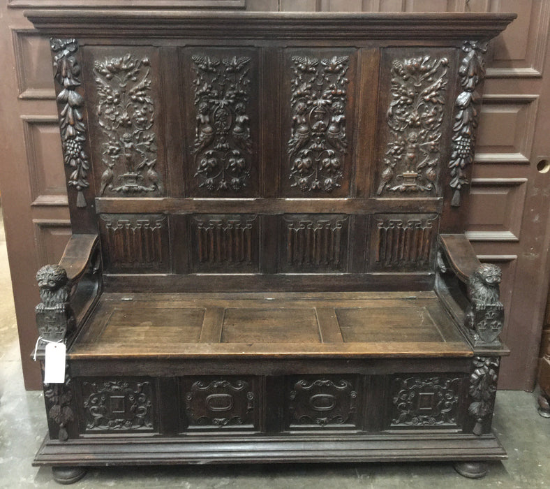 HIGH BACK OAK BENCH WITH CARVED LIONS