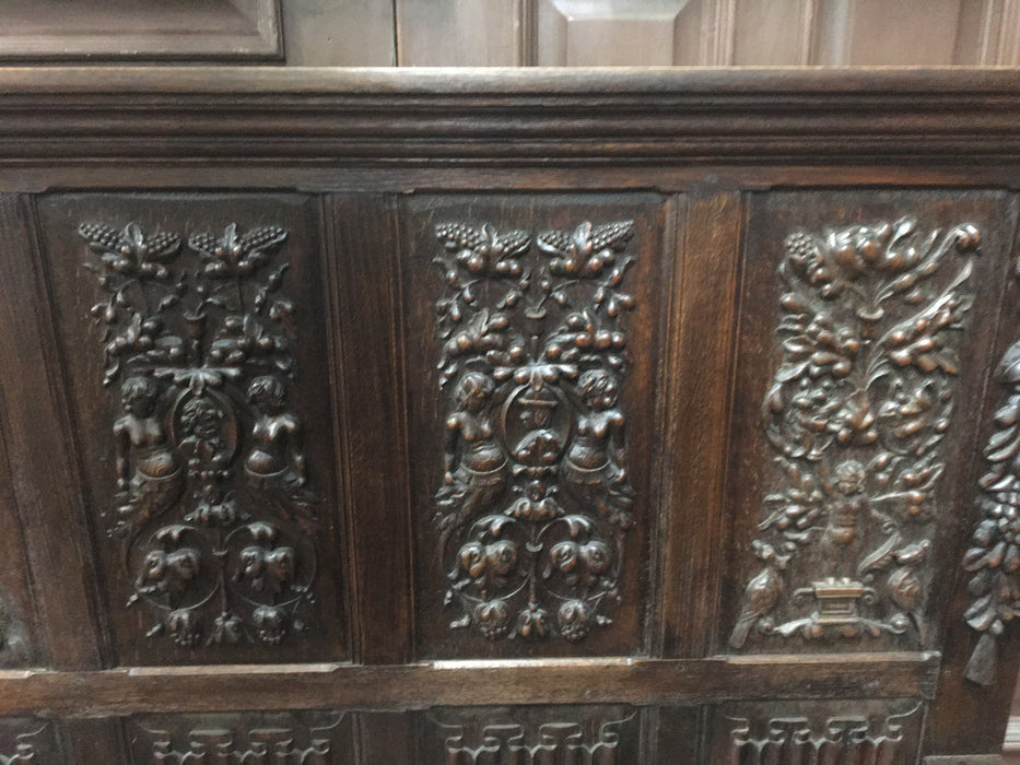 HIGH BACK OAK BENCH WITH CARVED LIONS