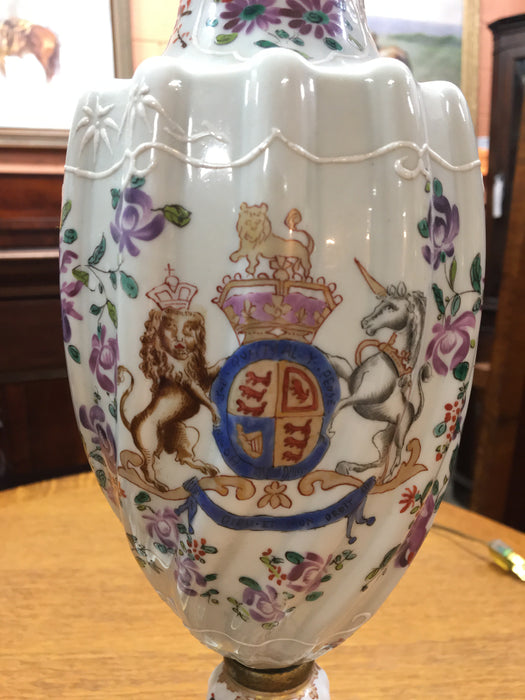 PAIR OF ANTIQUE PORCELAIN ARMORIAL LAMPS