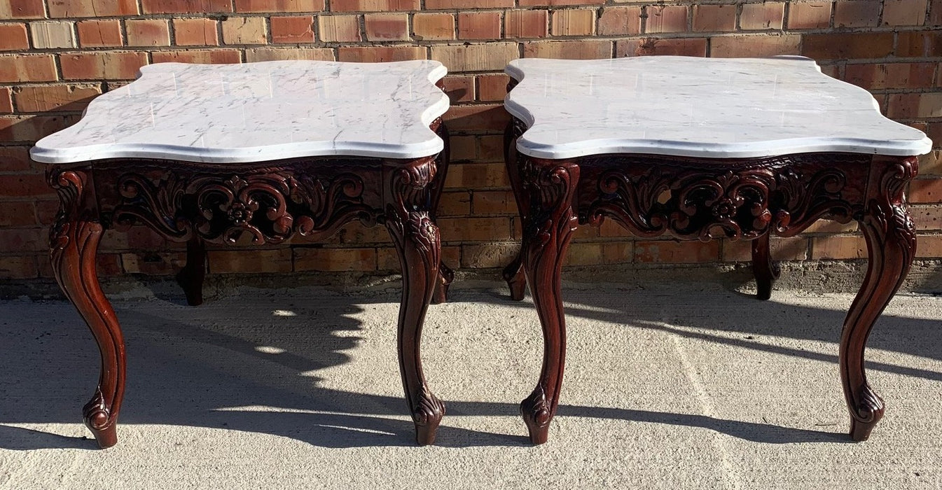 PAIR OF CARERRA MARBLE TOP WOOD AND COMPOSIT ROCOCCO STYLE END TABLES