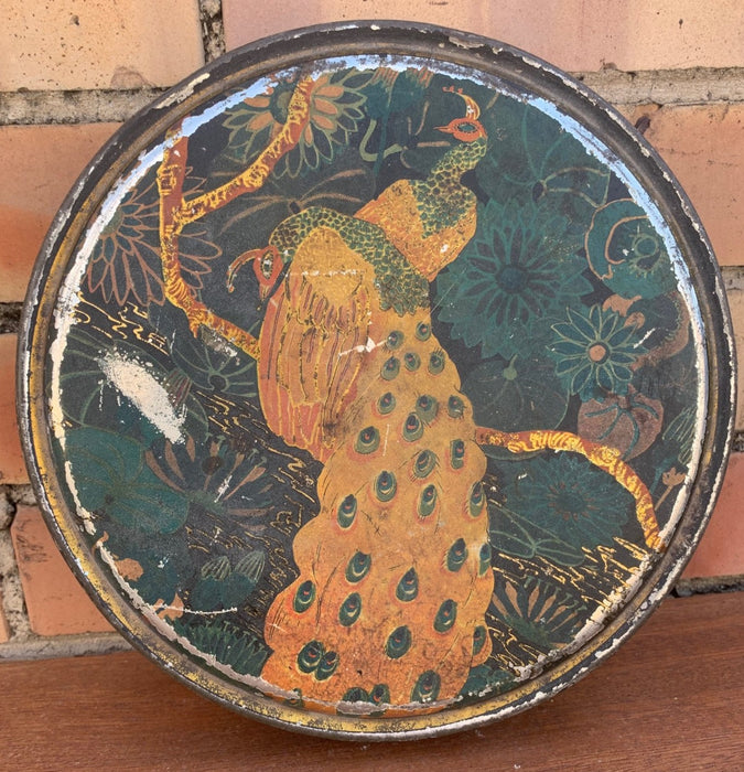 LARGE ROUND TIN WITH PEACOCKS