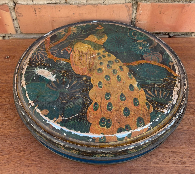LARGE ROUND TIN WITH PEACOCKS