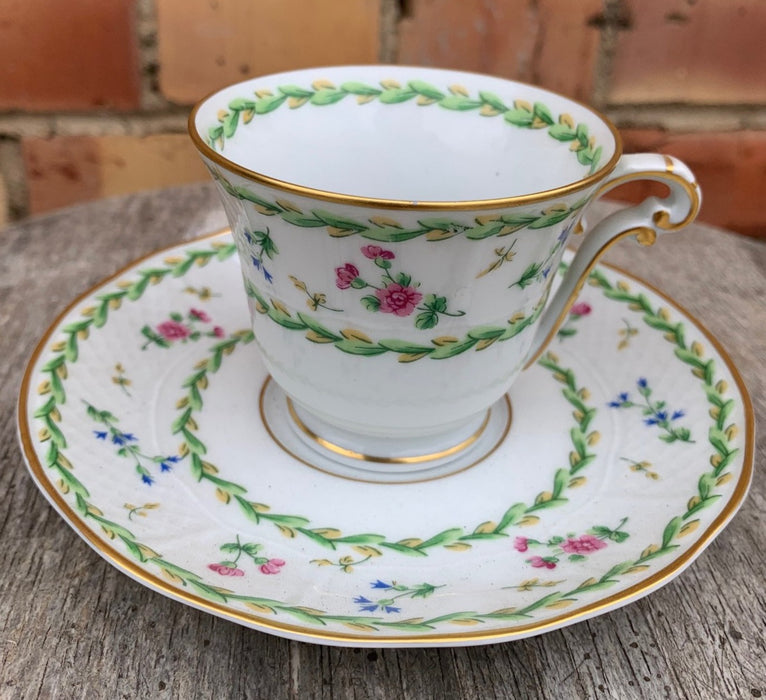 "ARTOIS" FRENCH CUP AND SAUCER WITH PINK FLOWERS AND GREEN LEAVES