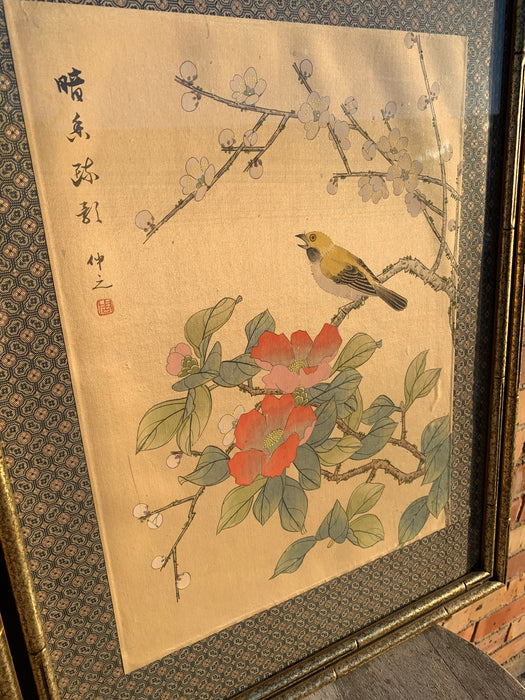 ASIAN BIRD AND FLORAL PAINTING ON SILK
