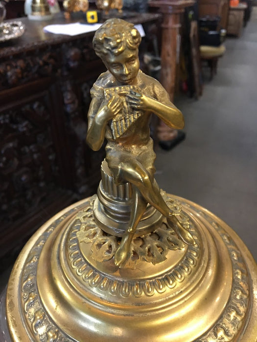 AS IS BRASS AND SWIRL GLASS HANDLED URN W/ PAN FINIAL