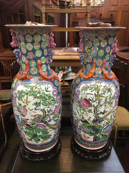 PAIR OF ASIAN TEMPLE URNS ON STANDS