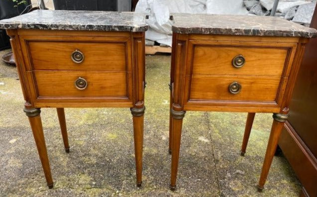 PAIR OF CHERRY LOUIS XVI STYLE MARBLE TOP STANDS