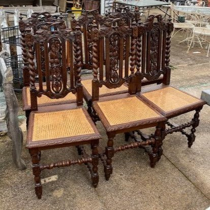 SET OF 6 BARLEY TWIST OAK CANED SEAT CHAIRS WITH FOLIATE AND GRAPES CARVING