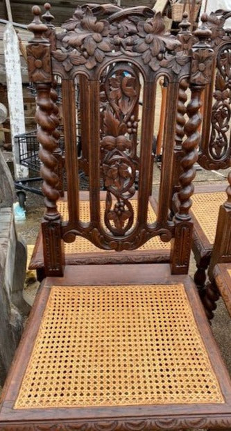 SET OF 6 BARLEY TWIST OAK CANED SEAT CHAIRS WITH FOLIATE AND GRAPES CARVING