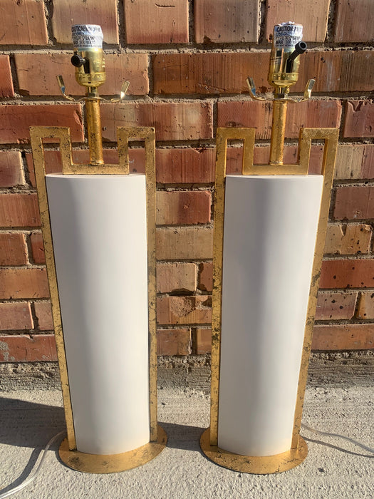 PAIR OF TALL NOT OLD GOLD AND WHITE TABLE LAMPS